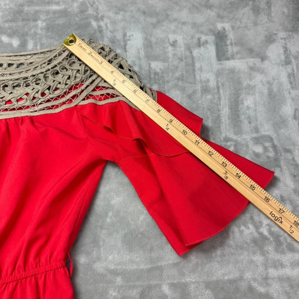 DejaVu‎ Red Crochet Neck Ruffle Bell Sleeve Mini Dress Womens Medium